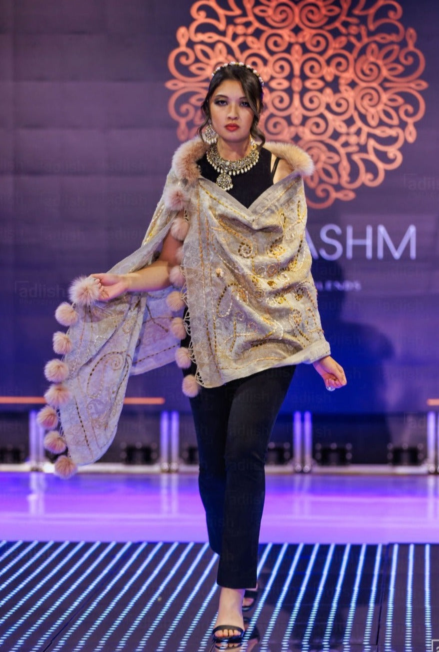 Beige Boiled Wool Faux Fur Pompom Shawl - The Pashm