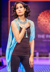 French Chantilly Lace Border Fine Wool Shawl - Blue