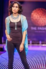 French Chantilly Lace Border Fine Wool Shawl - Blue