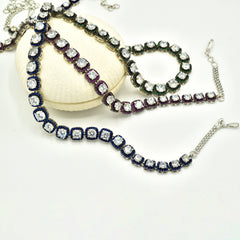 Veya American Diamond Tennis Necklace Set Green Pink Blue - the pashm