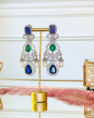 Zaeya American Diamond Chandelier Earrings Blue Green - The pashm