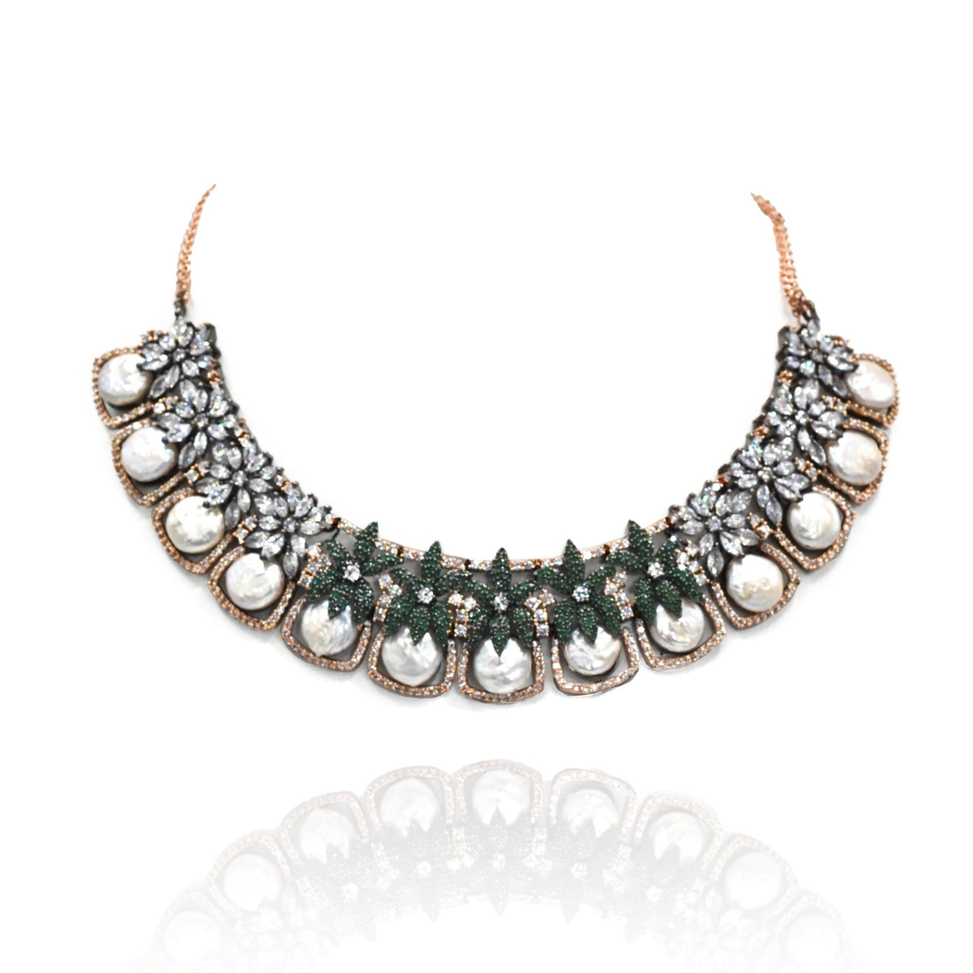 Tashi American Diamond Pearl Necklace Set - Green - The Pashm