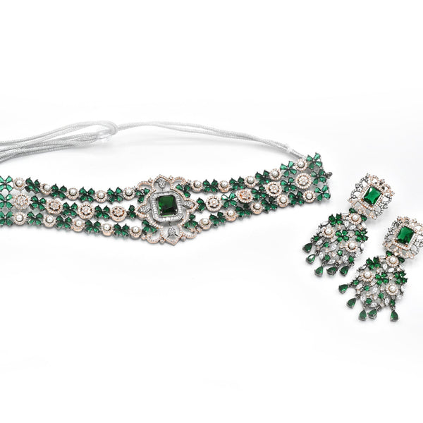 Nargis American Diamond Floral Choker Set Green - The Pashm