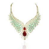 Mirraya Mint Green & Ruby American Diamond Wing Statement Necklace Set - The pashm
