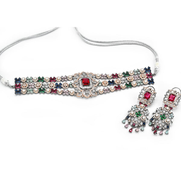 Nargis American Diamond Floral Choker Set Multicolor - The Pashm