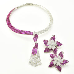 Yuti Ruby Pink & White American Diamond Statement Necklace Set with earrings -The Pashm