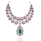 Alizeh Floral American Diamond Necklace Set with Green & Ruby Pink Stones - The pashm