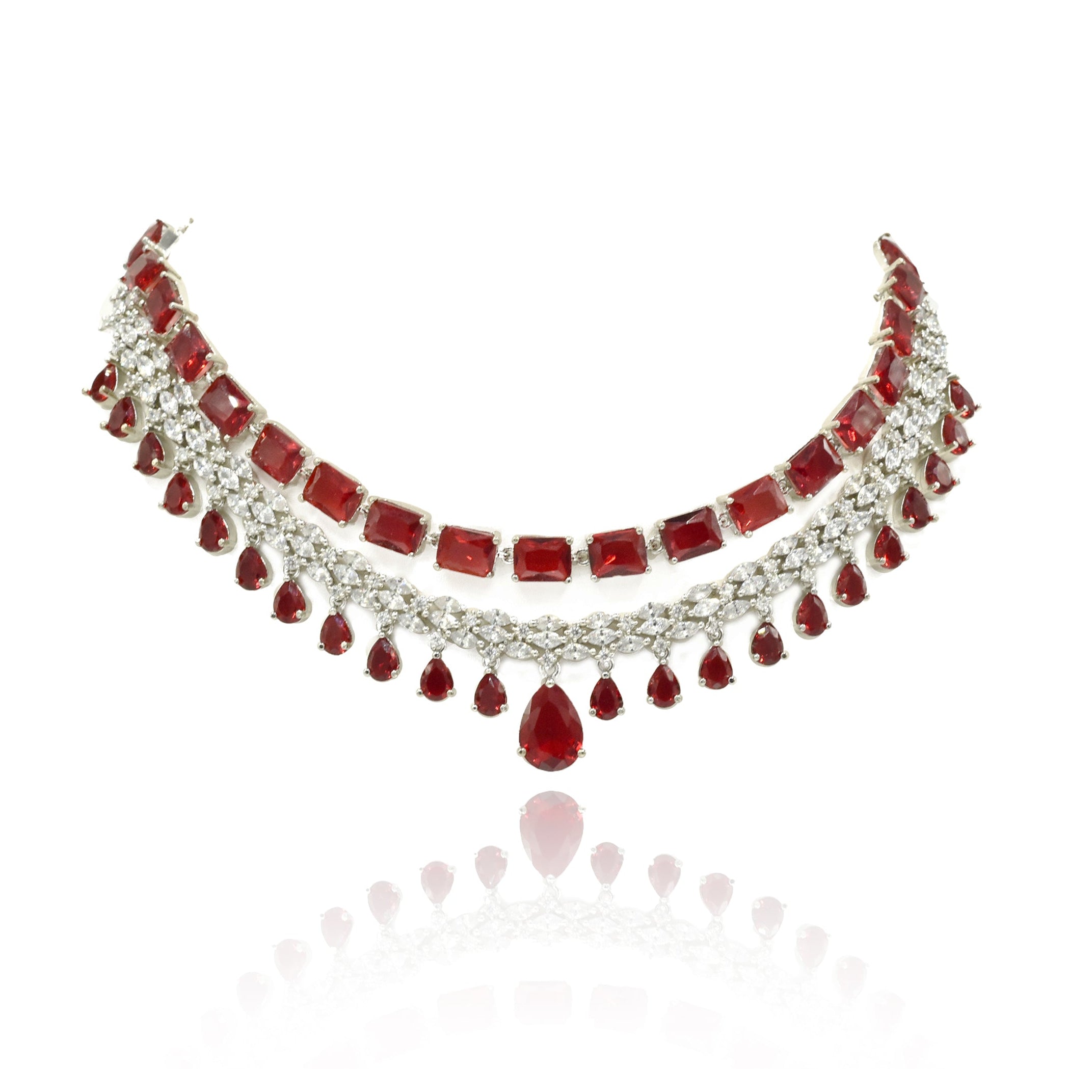 Ami Ruby Red & American Diamond Layered Necklace Set - The pashm