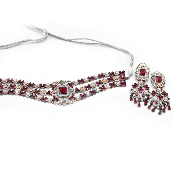Nargis American Diamond Floral Choker Set Red - The Pashm