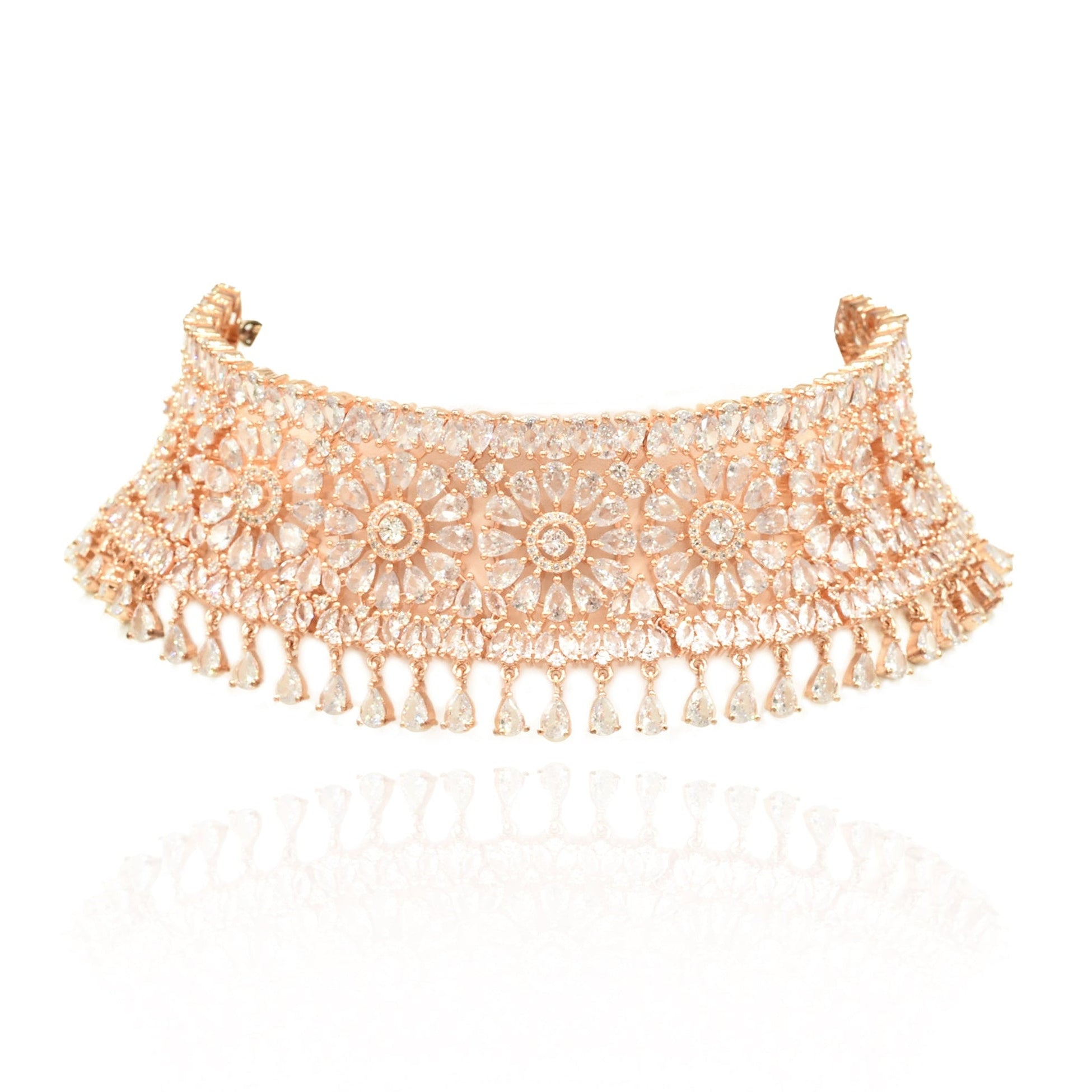 Sarva Rose Gold American Diamond Floral Choker Set - The Pashm