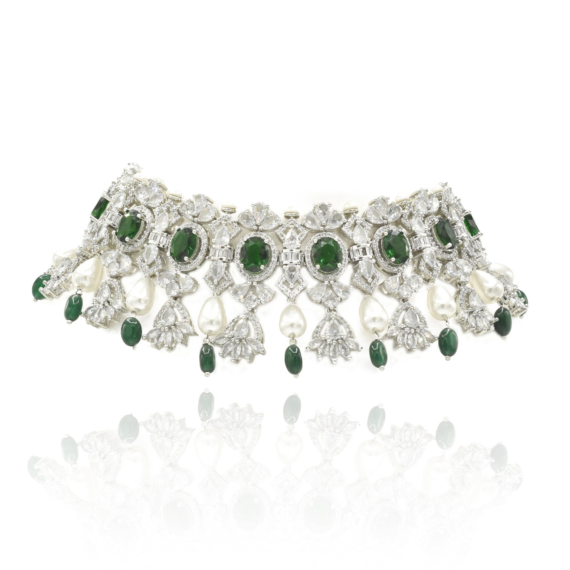 Zareen Emerald Green & Pearl American Diamond Choker Set - The pashm