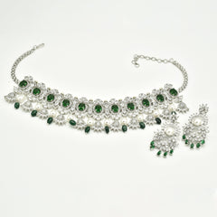 Zareen Emerald Green & Pearl American Diamond Choker Set - The pashm