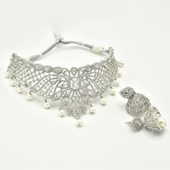 Ifama American Diamond Pearl Drop Bridal Choker Set - The Pashm
