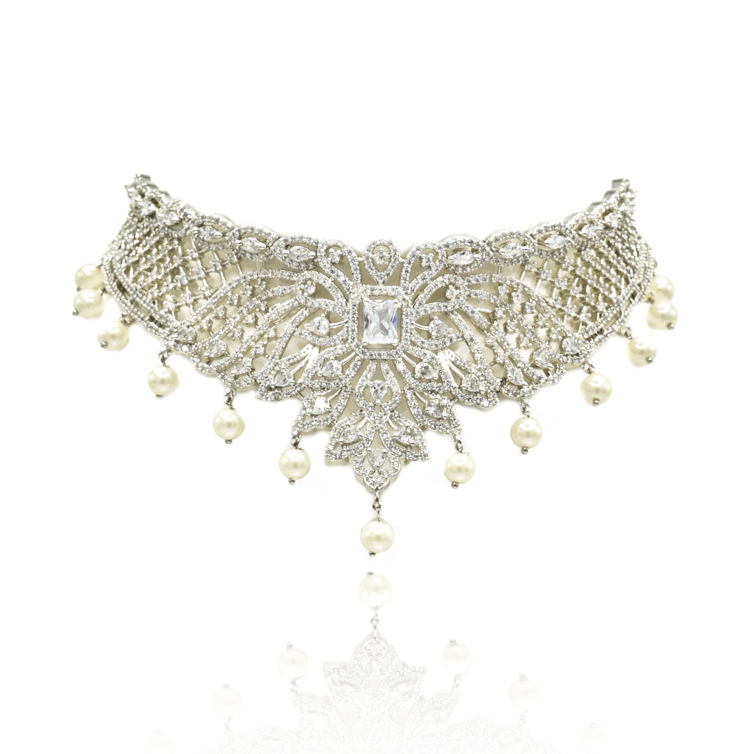 Ifama American Diamond Pearl Drop Bridal Choker Set - The Pashm