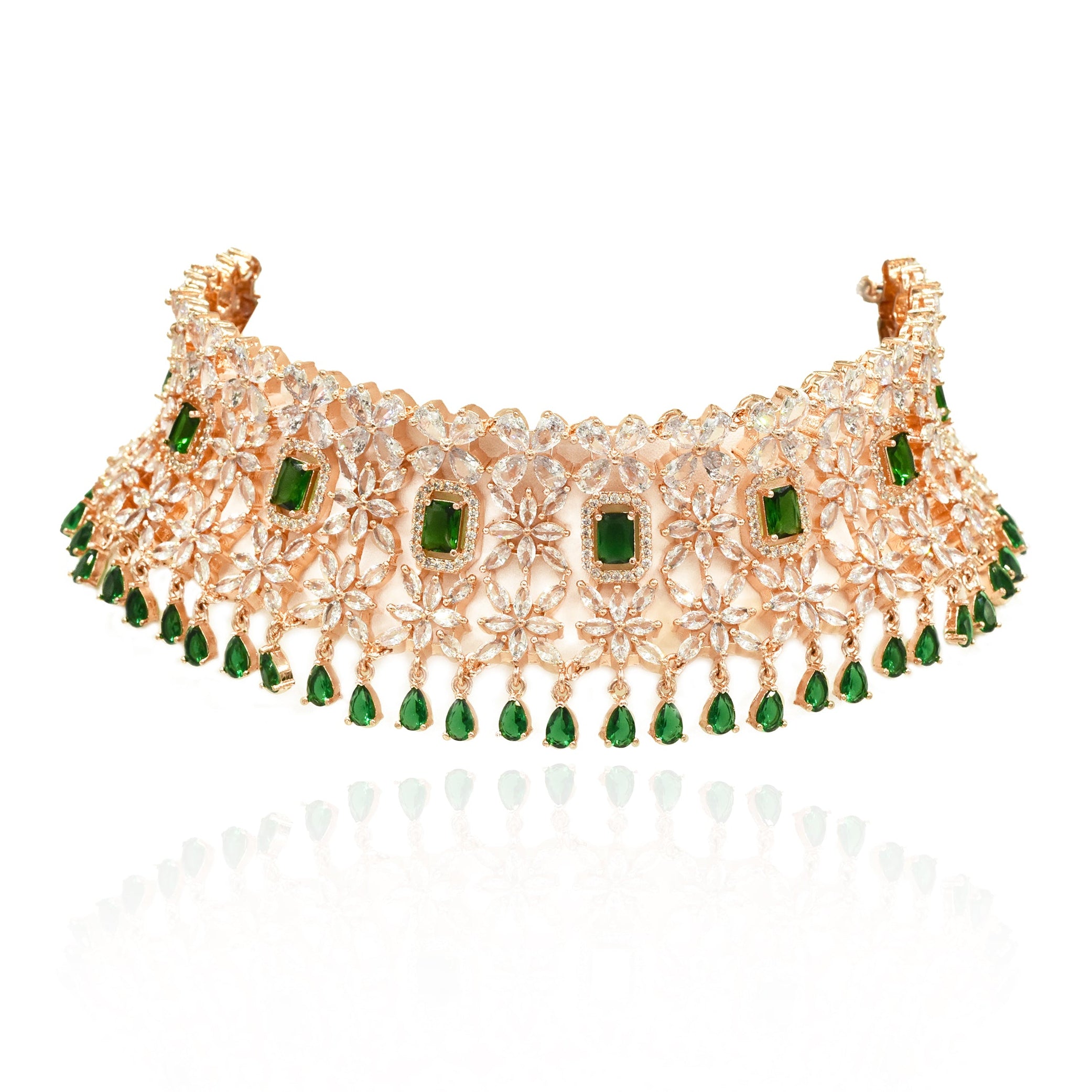 Eraya Rose Gold Emerald Green American Diamond Choker Set - The Pashm
