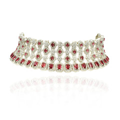 Rubah American Diamond Floral Choker Set Red - The pashm