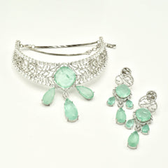 Amisha Mint Green Stone American Diamond Choker Necklace - The Pashm