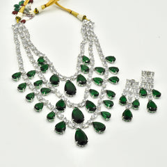 Maham Emerald Green Layered American Diamond Necklace Set - the Pashm