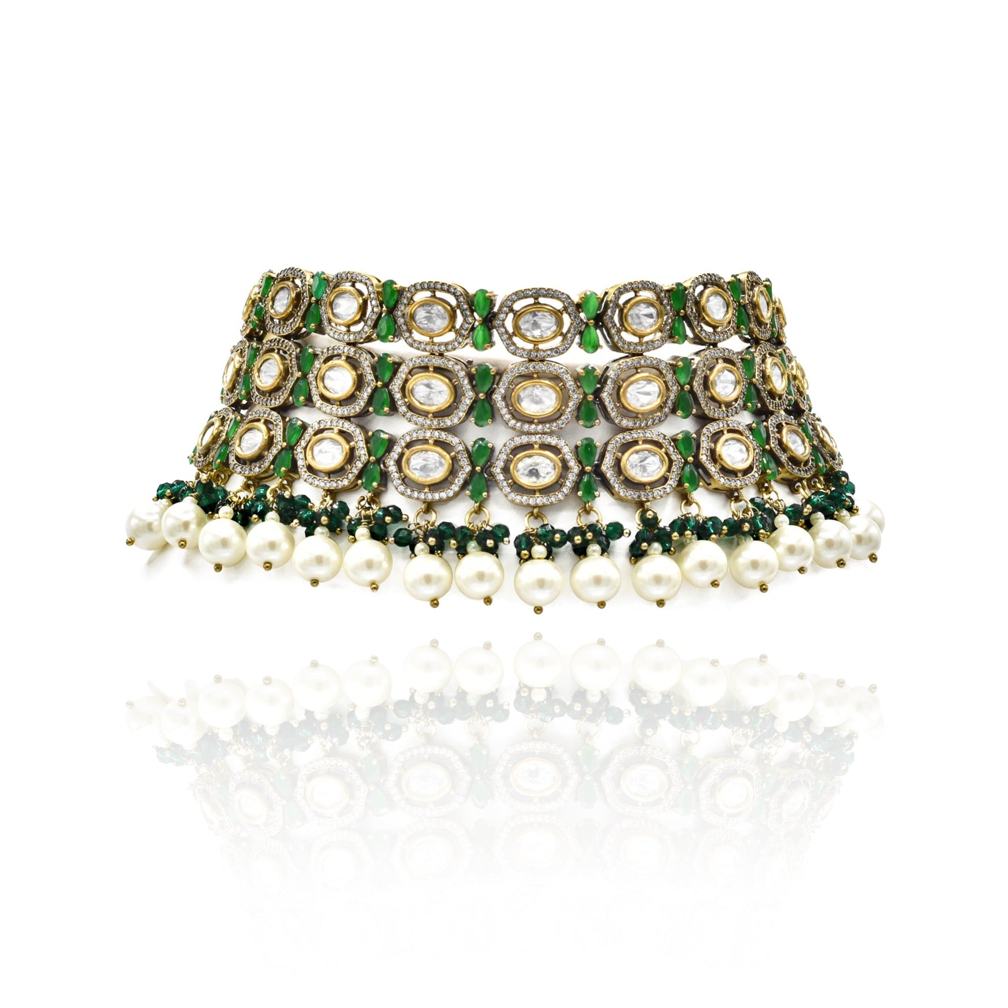 Sneha Victorian Pearl Choker Set Green - The Pashm