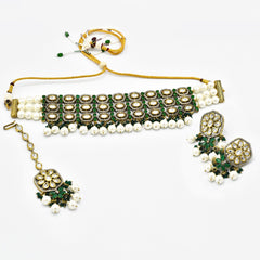 Sneha Victorian Pearl Choker Set Green - The Pashm