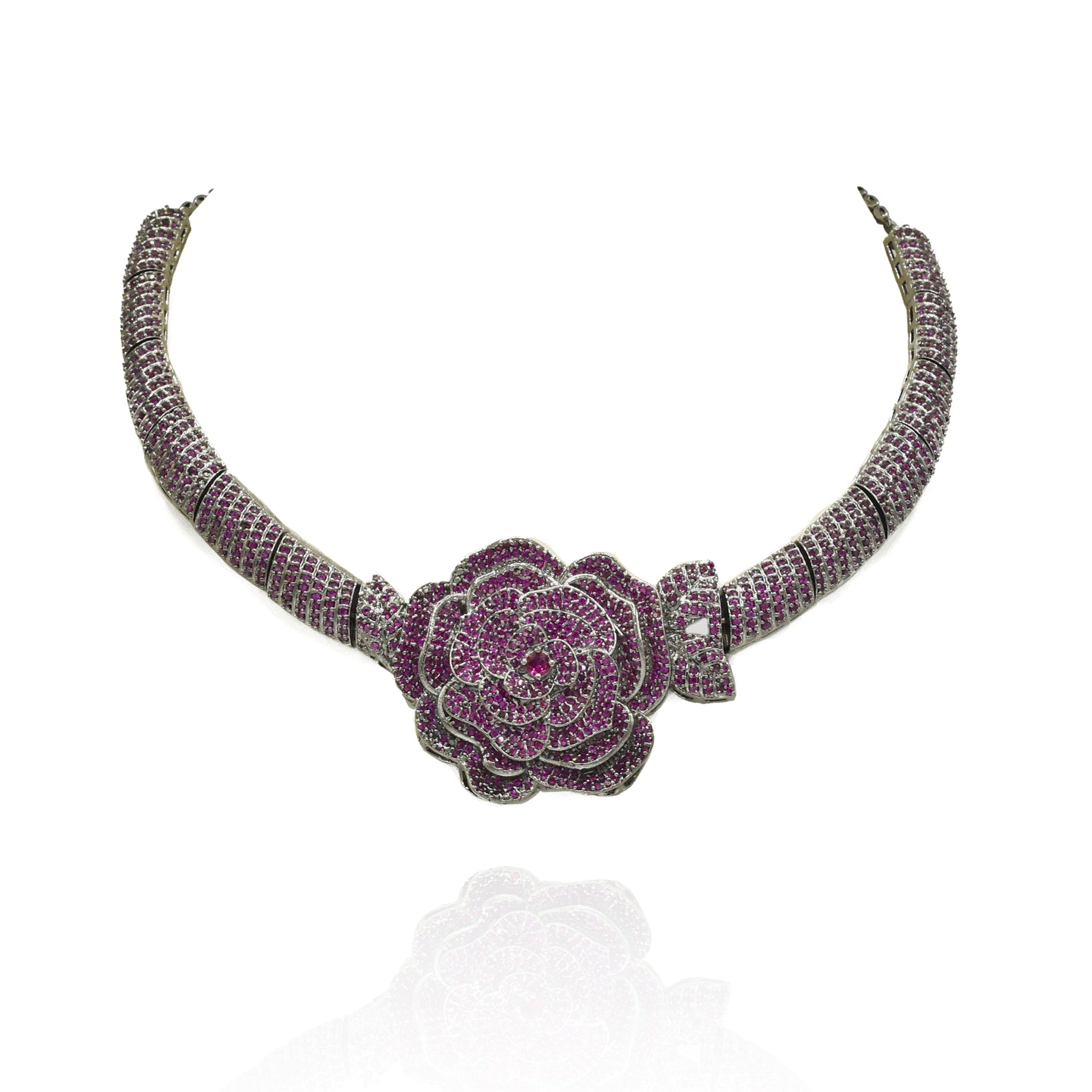 Zuha Ruby Pink Rose Statement Necklace Set in Antique Silver Finish - The pashm
