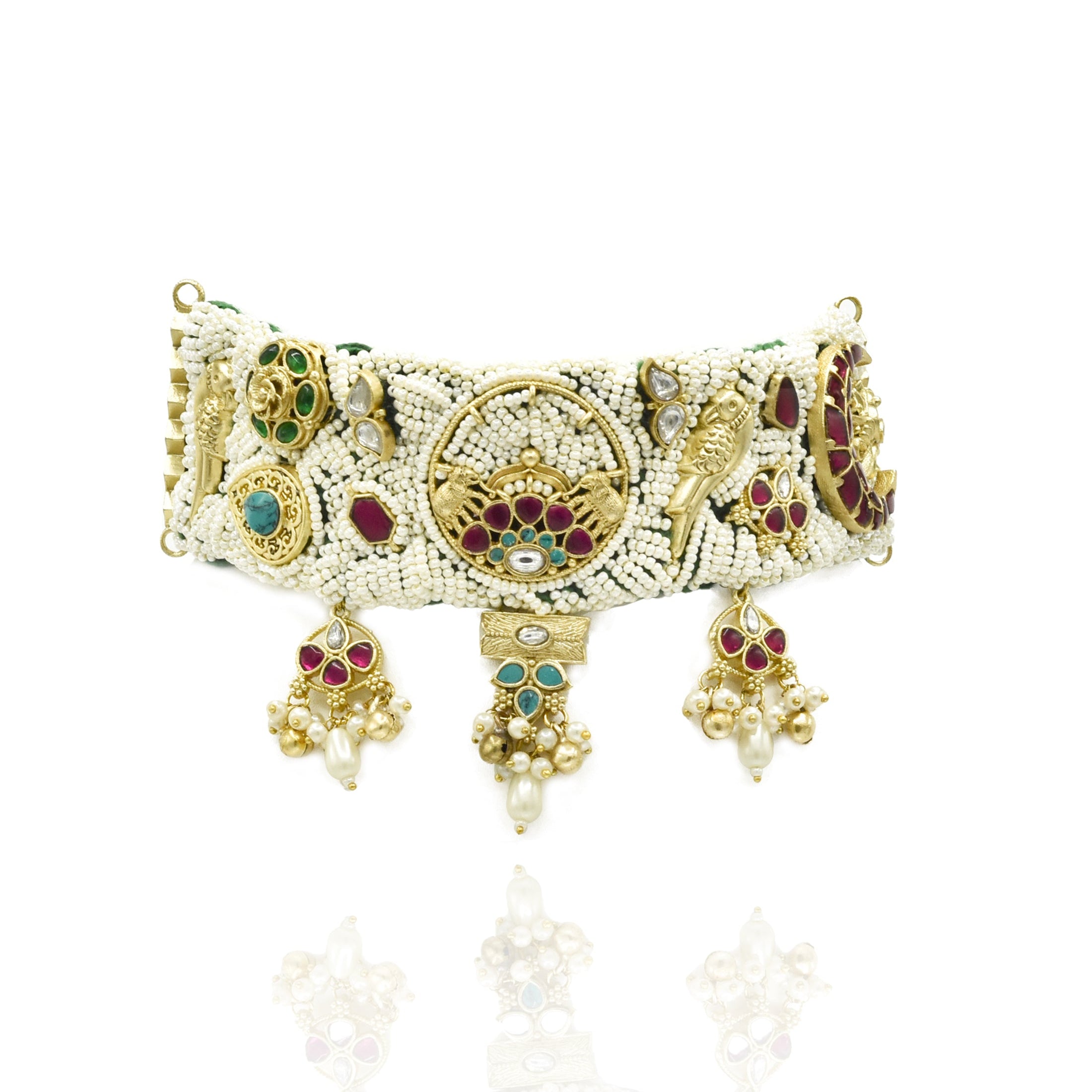 Prachika Pachi Kundan Charms Choker with Handwoven Back - The Pashm