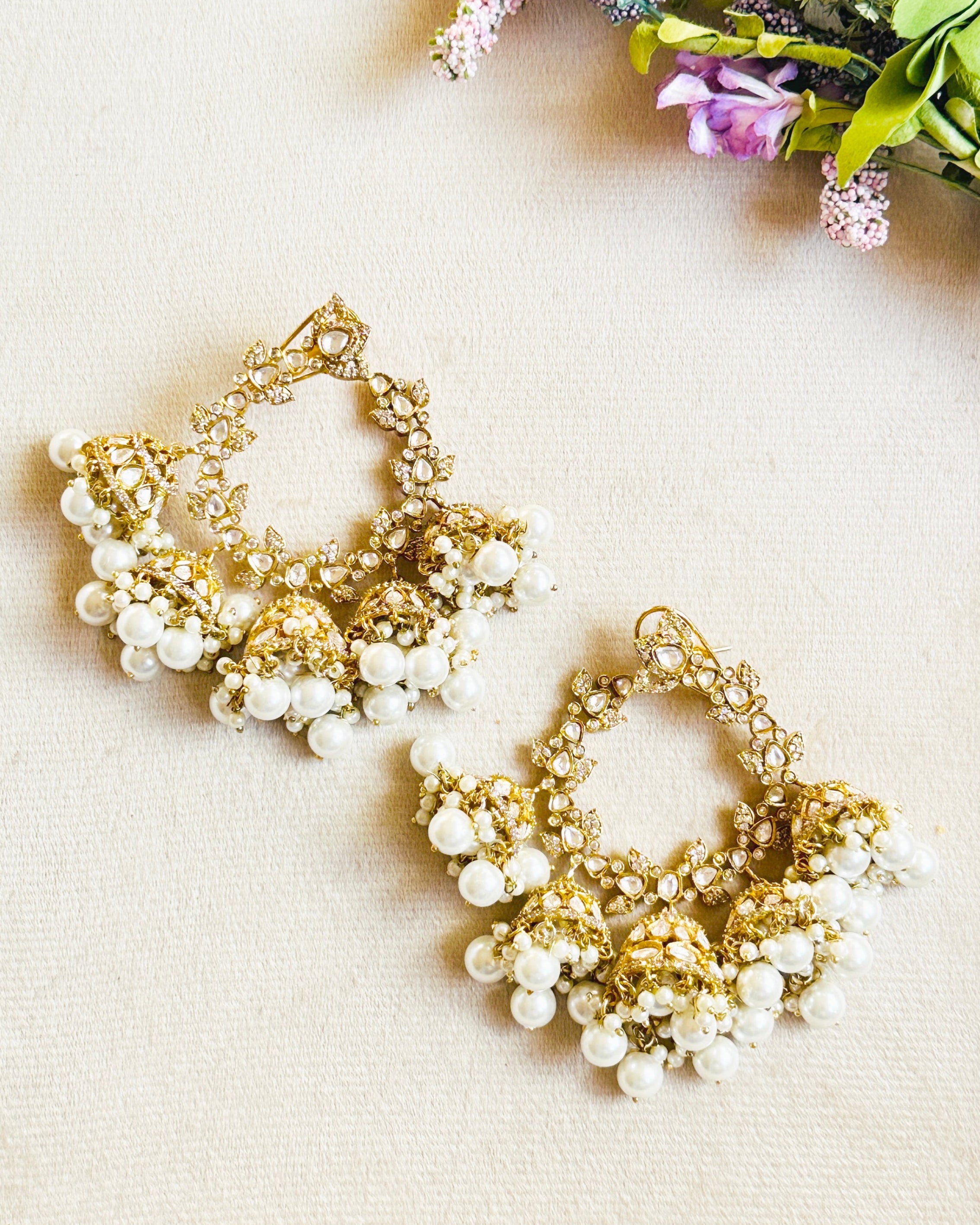 Kasha Gold Kundan Bali Earrings with Pearl Jhumki Drops - The Pashm