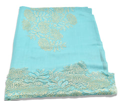 French Chantilly Lace Border Fine Wool Shawl - Blue