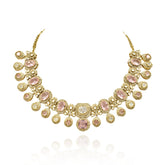 Blush pink and clear American Diamond necklace set in a gold-tone finish with floral detailing, dangling stones and matching drop earrings.