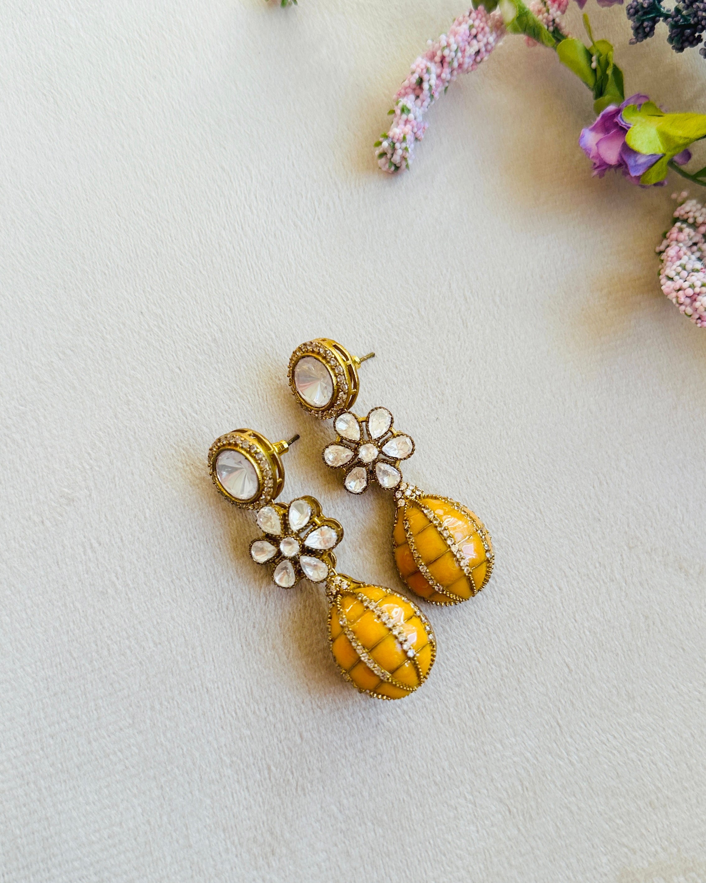 Mrissa Flower Polki Drop Earrings Yellow -the Pashm