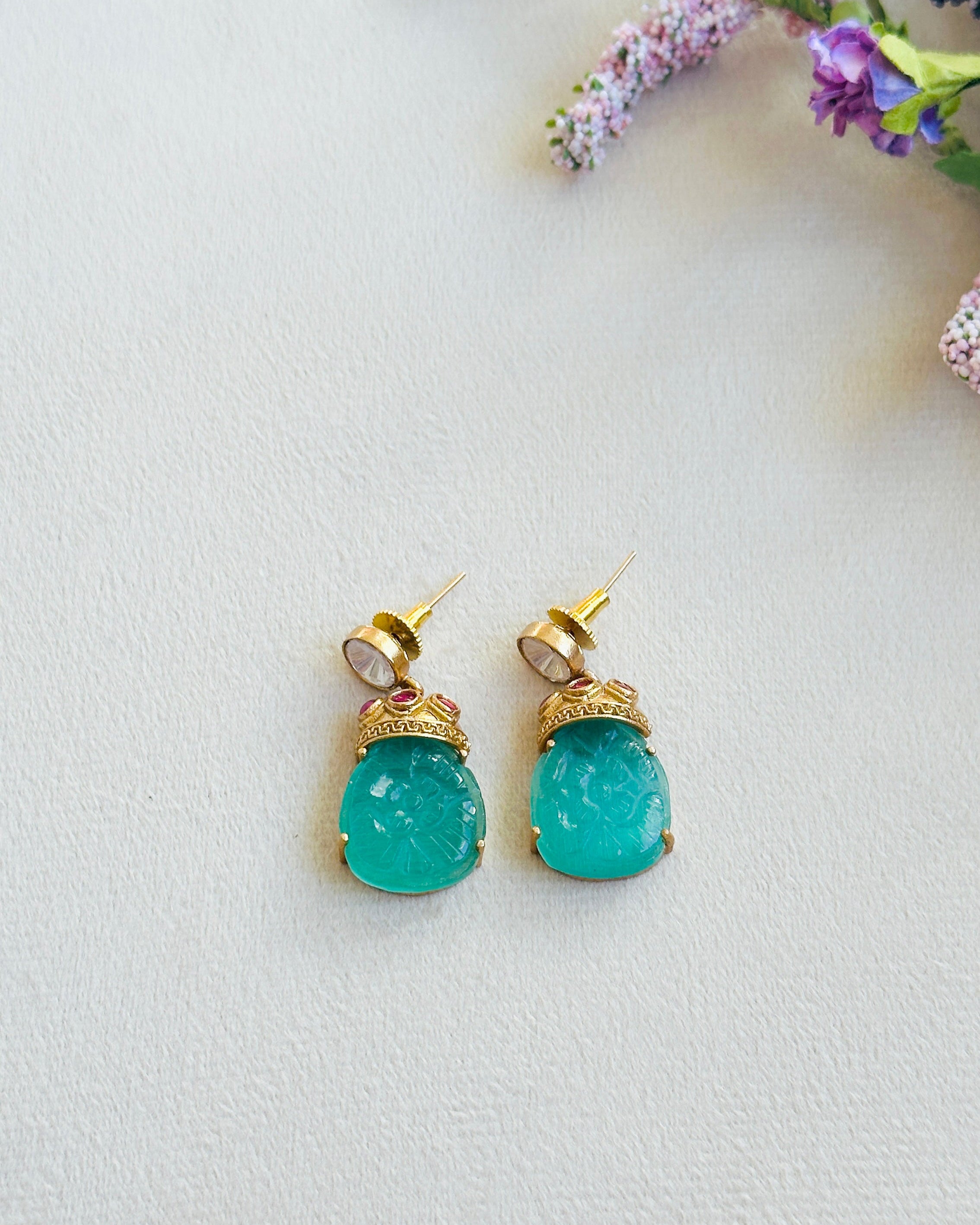 Nivisha Carved Stone Drop Earrings Mint - The Pashm