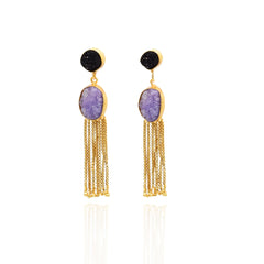 Leia Oval Druzy Tassel Earrings Black Purple - The Pashm