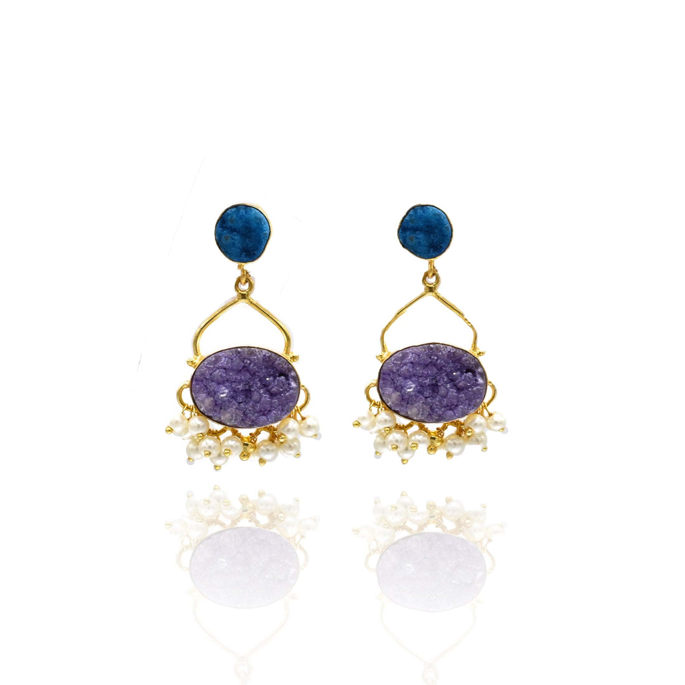 Aura Pearl Drops Druzy Earrings Blue Purple - The Pashm