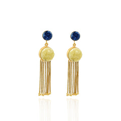 Ava Round Druzy Tassel Earrings Yellow Blue - The Pashm