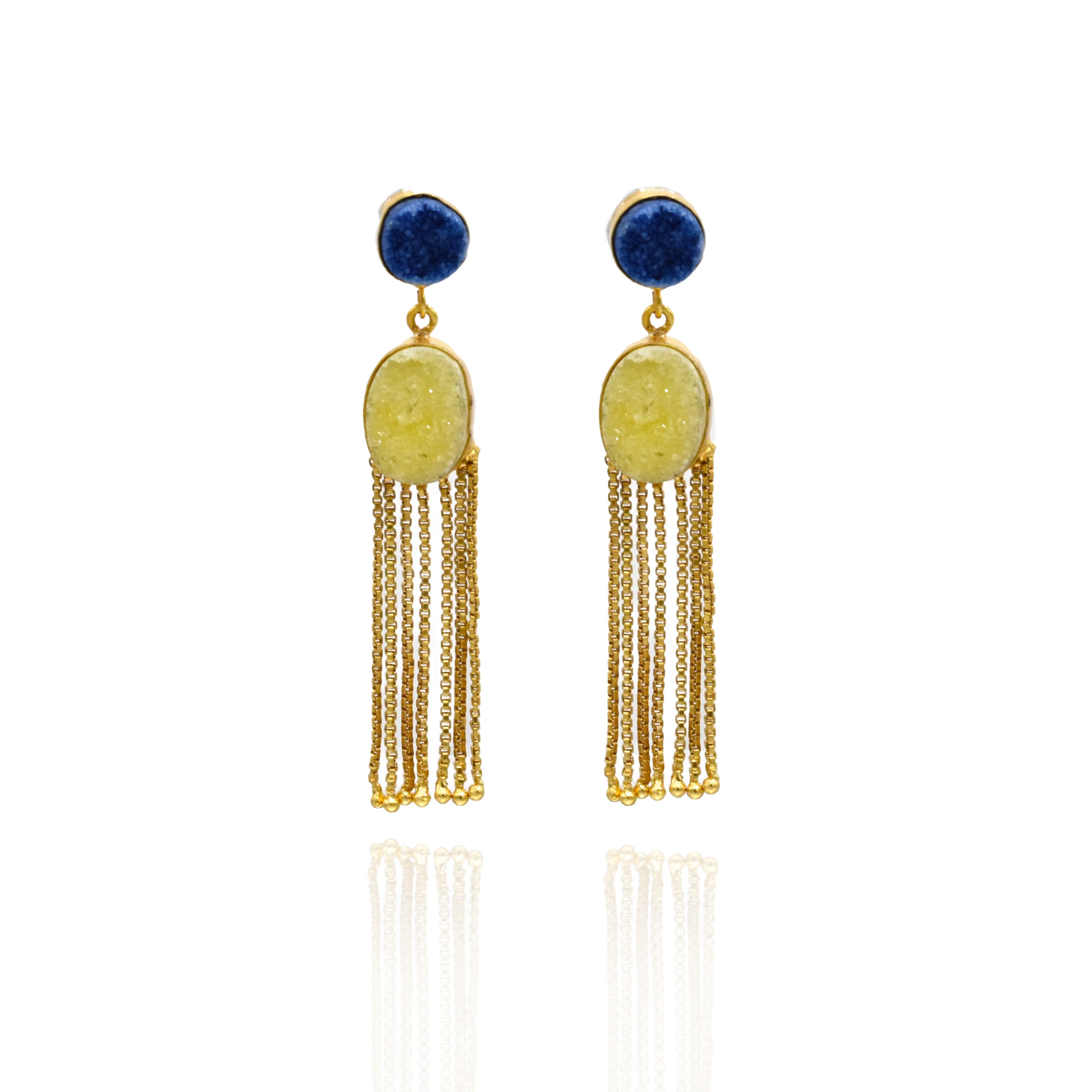 Leia Oval Druzy Tassel Earrings Blue Yellow - The Pashm