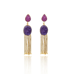 Leia Oval Druzy Tassel Earrings Pink Purple - The Pashm