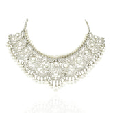 Silver-tone American Diamond choker necklace set with intricate floral detailing, white pearl accents, cascading pearl drops and matching earrings.