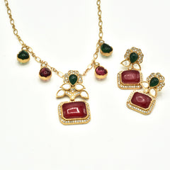 Mishika Charms Floral Pendant Set Red - The Pashm
