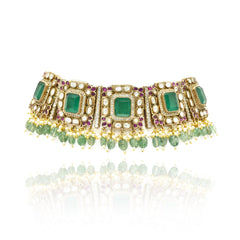Shravya Gold Studded Green Choker - The Pashm