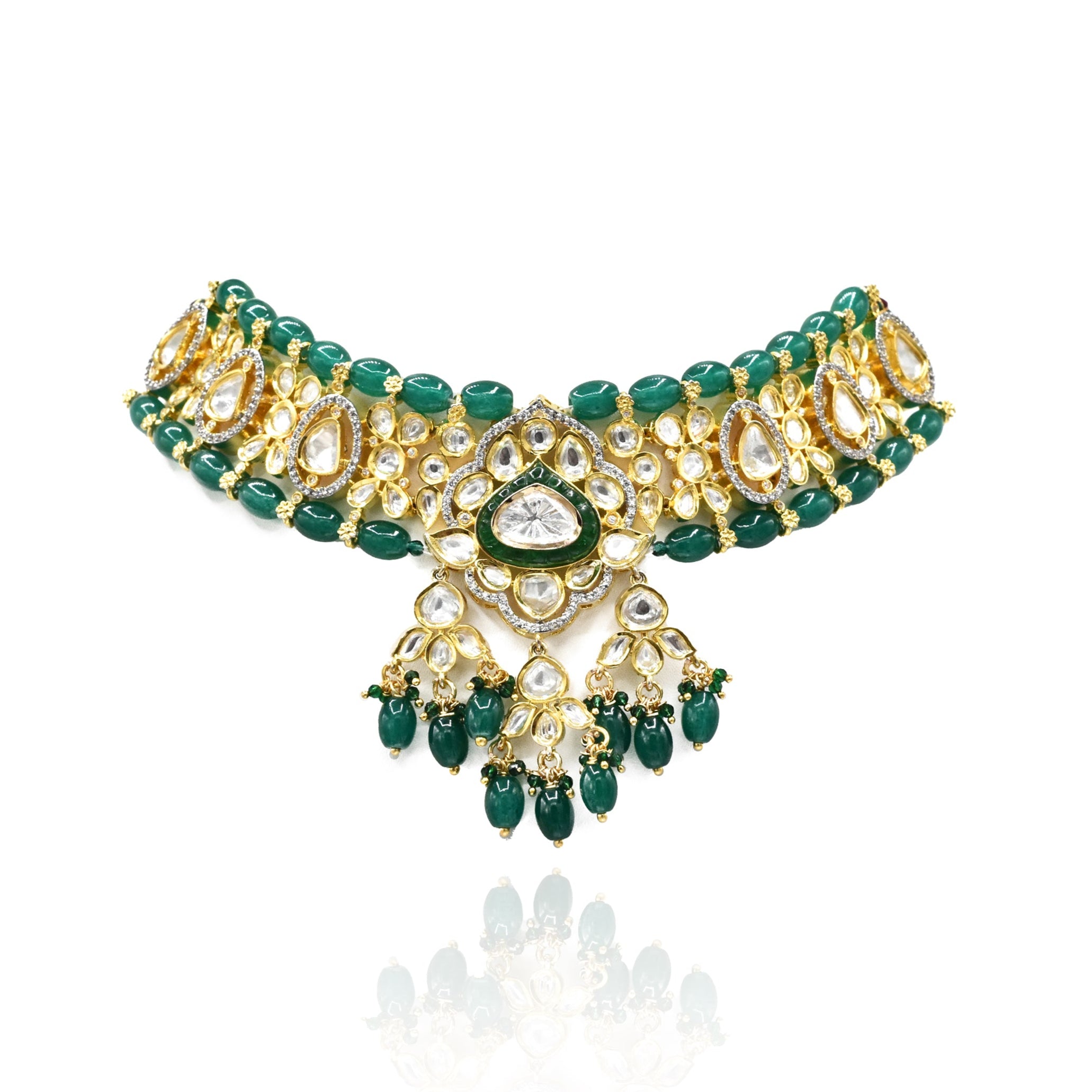 Zohra Moissanite Beaded Polki Choker Green - The Pashm