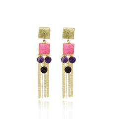 Emelia Multicolor Tassel Druzy Earrings Pink Lime
