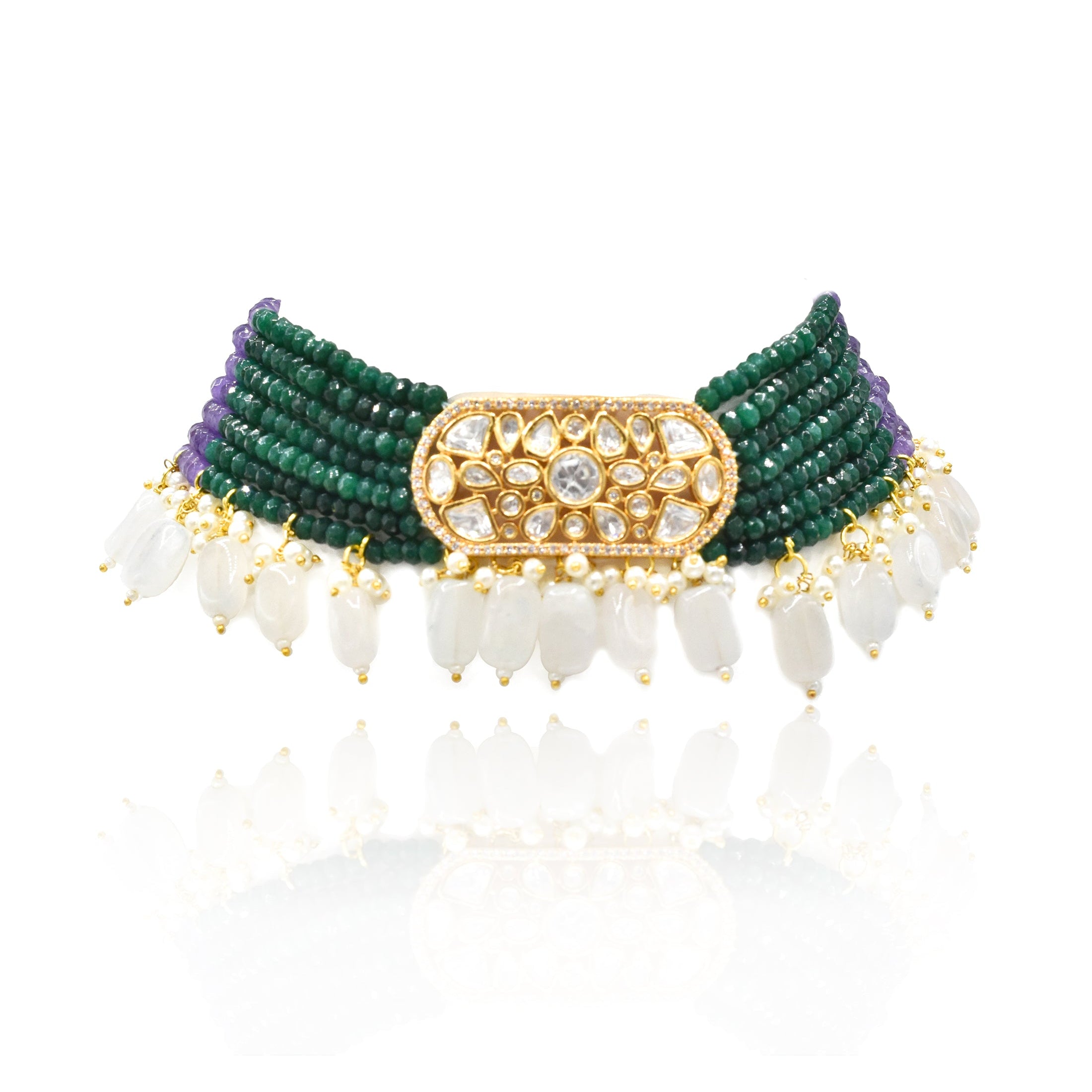Miraya Polki Green Purple Beaded Choker - The Pashm