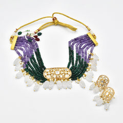 Miraya Polki Green Purple Beaded Choker - The Pashm
