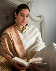 Tilla Floral Weave Wool Shawl Beige - The Pashm