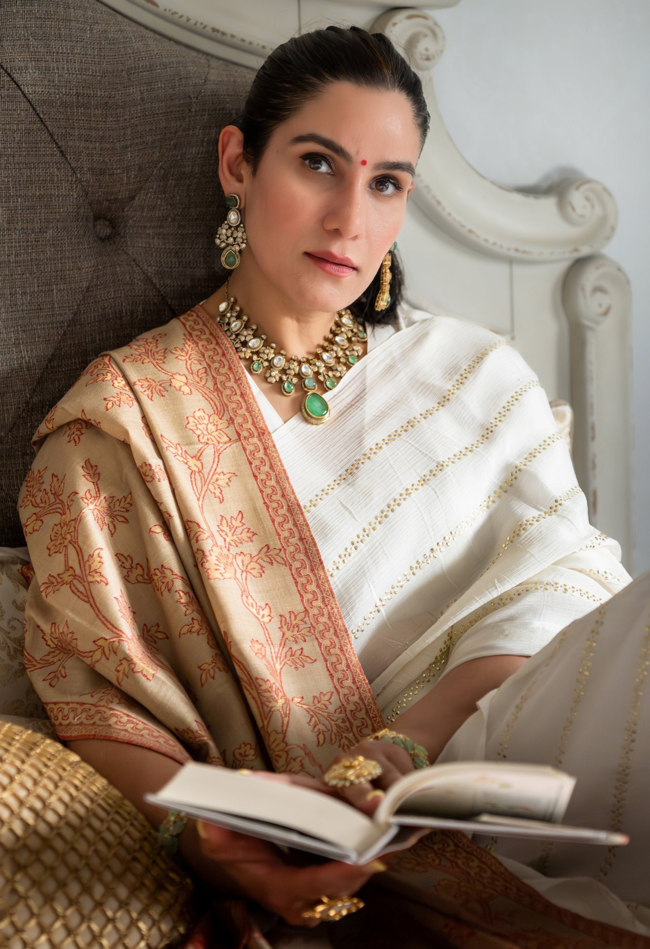 Tilla Floral Weave Wool Shawl Beige - The Pashm