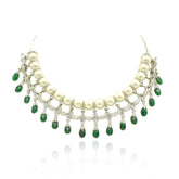 Silver-tone pearl and American Diamond necklace set with white pearls, jewel-green drop stones, sparkling crystal detailing and matching long earrings.