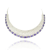 Purple American Diamond choker necklace set with rectangular purple stones, sparkling clear crystals and matching circular statement earrings.