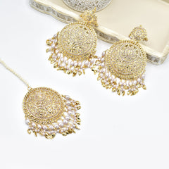 Simran Jadau Earrings Tikka Set Pearl - The Pashm