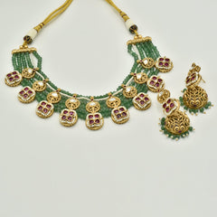 Jyotsana Antique Gold Motif Green Necklace Set - The Pashm