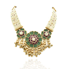 Ramsha Floral Emerald Beaded Heritage Necklace - The Pashm